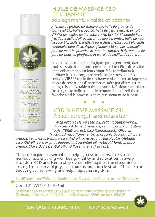 Leaflet Ingredients Hemp and CBD Massage Oil 100 ml - Hemphilia x Active CBD